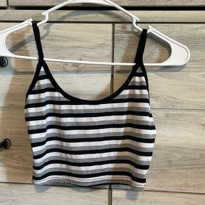 red, black, grey, and white stripped cropped tank top